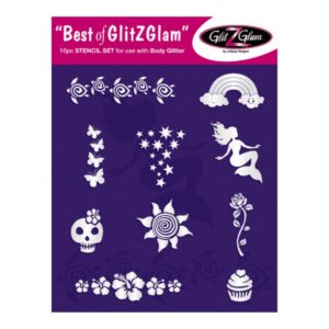 Best of GlitZGlam Stencit Set, Body Adhesive and Glitter Tattoo Kit Original - with 6 Large Glitters & 12 Stencils - HYPOALLERGENIC and DERMATOLOGIST TESTED! - for boys & Girls. Children Tattoos by Gl