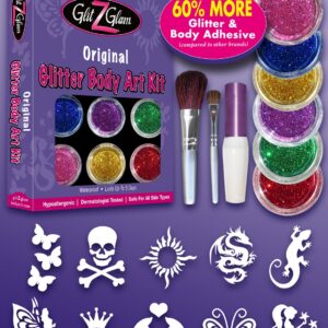 Best of GlitZGlam Stencit Set, Body Adhesive and Glitter Tattoo Kit Original - with 6 Large Glitters & 12 Stencils - HYPOALLERGENIC and DERMATOLOGIST TESTED! - for boys & Girls. Children Tattoos by Gl