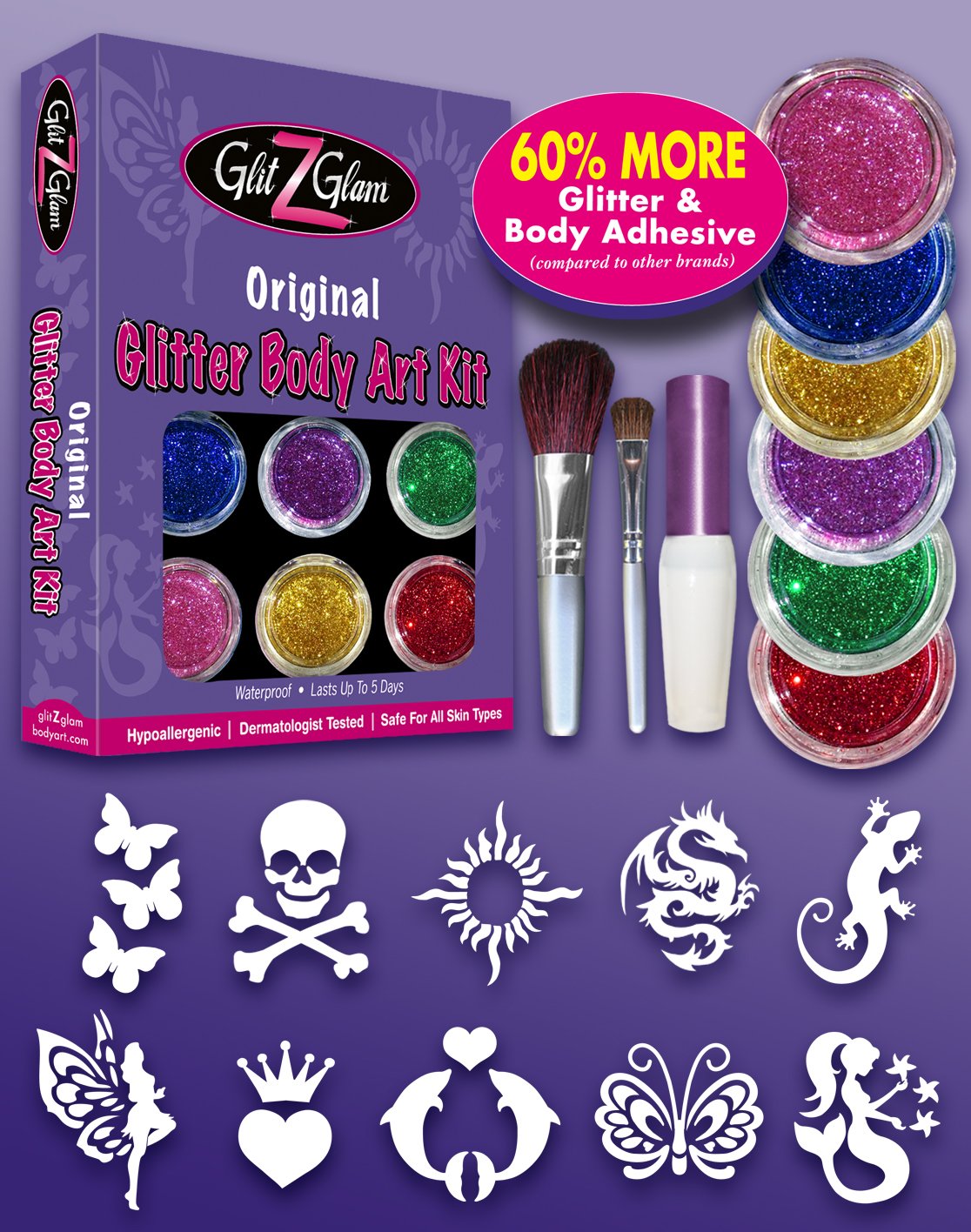 Best of GlitZGlam Stencit Set, Body Adhesive and Glitter Tattoo Kit Original - with 6 Large Glitters & 12 Stencils - HYPOALLERGENIC and DERMATOLOGIST TESTED! - for boys & Girls. Children Tattoos by Gl