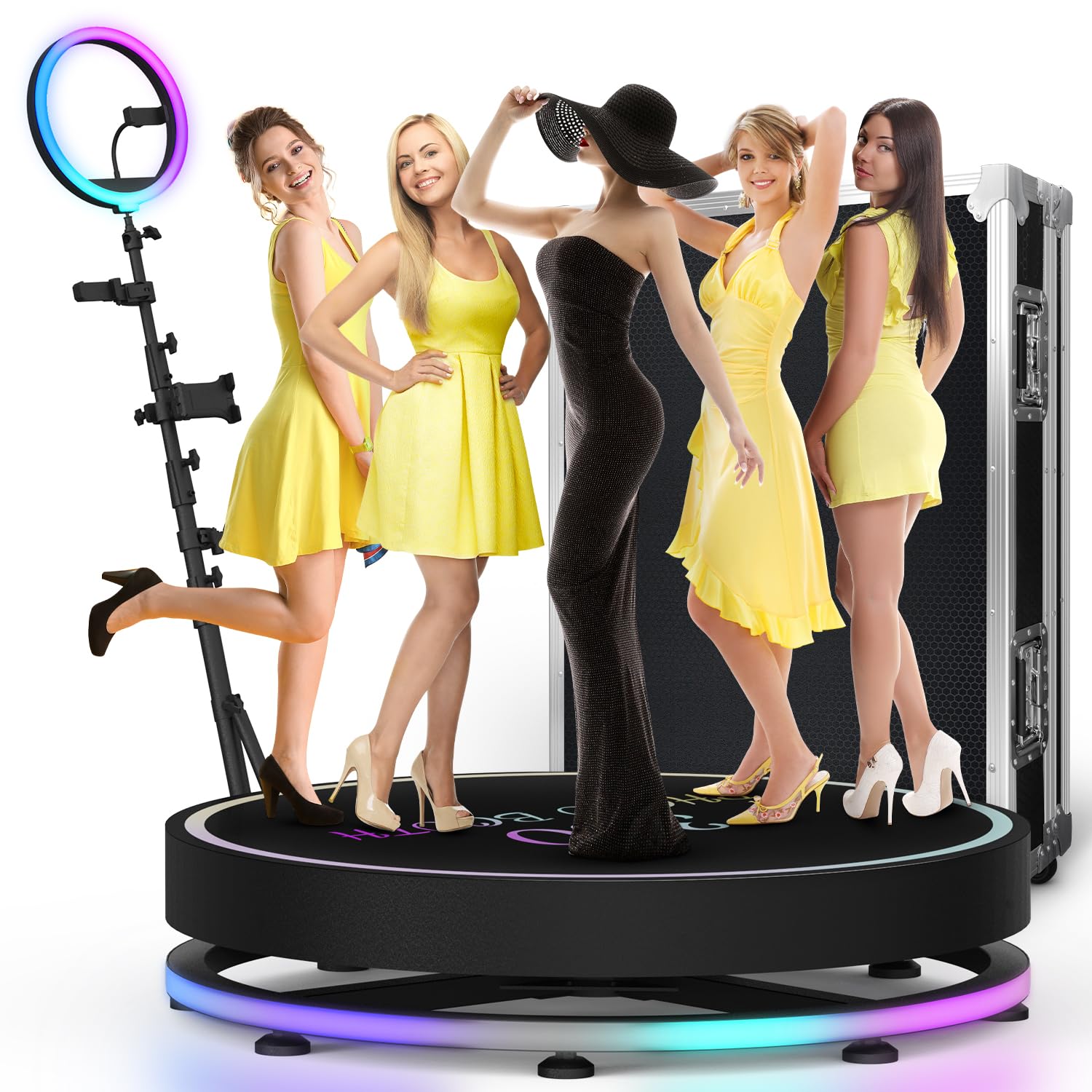 HOGSITY 360 Photo Booth Machine for Parties 45.3" for 5-7 PPL,with APP,Wireless Light Strip,Custom Logo&Parts Replace,360 Camera Booth Auto Spin w/Ring Light&Flight Case for Slow Motion Etc.