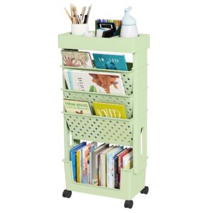 yeavs 5-tier mobile bookshelf, rolling bookcase book storage rack, movable file folder organizer cart with wheels for home study office living room classroom, green