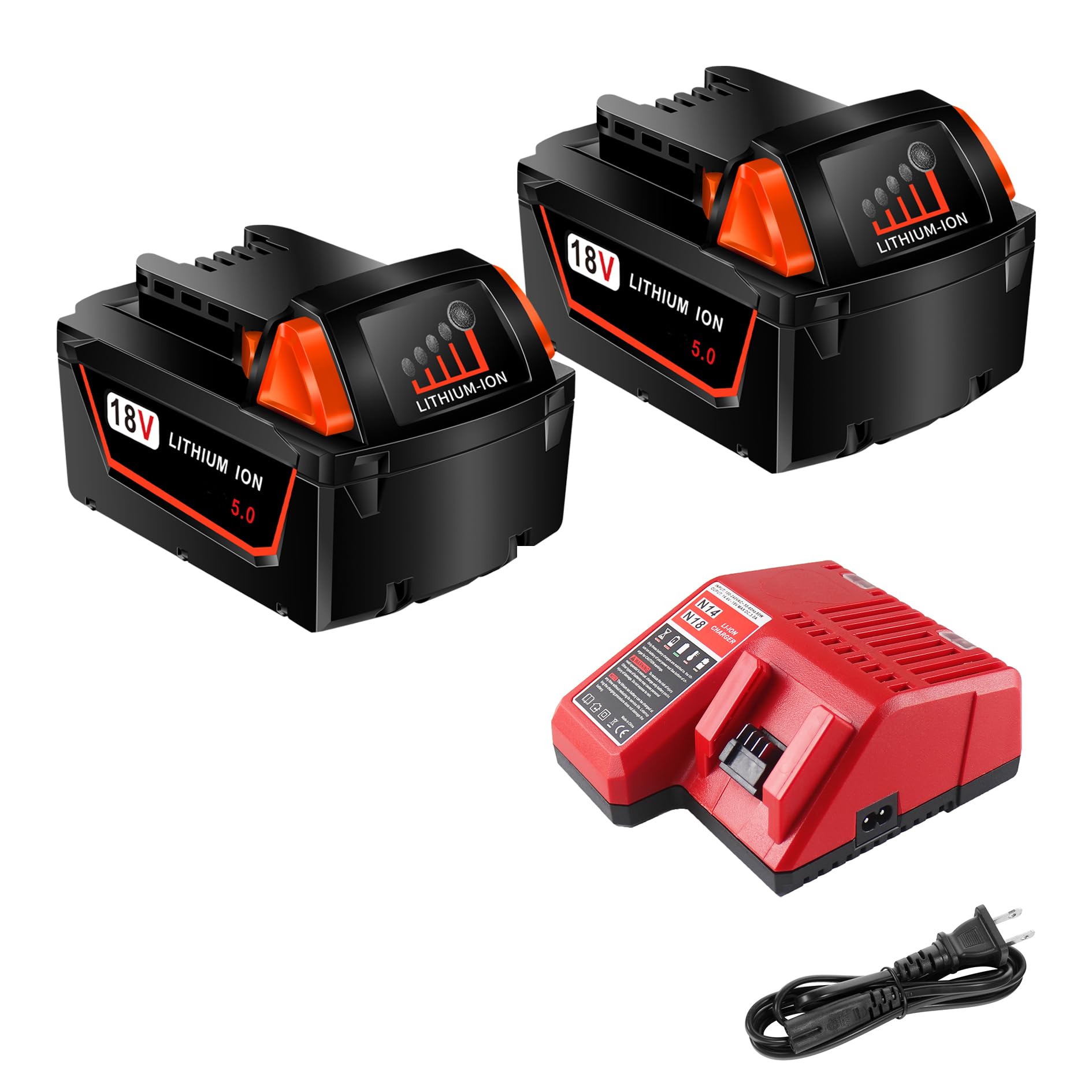 2PACKS 5.0Ah Lithium Battery Replace for Milwaukee M18 Battery 48-11-1850 Cordless Power Tools Batteries and Battery Charger for N14-N18 Charger