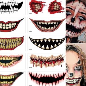 10 sheets tattoo stickers halloween prank makeup temporary tattoo realistic temporary tattoos halloween clown tattoos scary big mouth face tattoos decals kits prank prop for halloween cosplay party