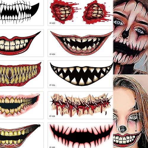 10 Sheets Tattoo Stickers Halloween Prank Makeup Temporary Tattoo Realistic Temporary Tattoos Halloween Clown Tattoos Scary Big Mouth Face Tattoos Decals Kits Prank Prop for Halloween Cosplay Party