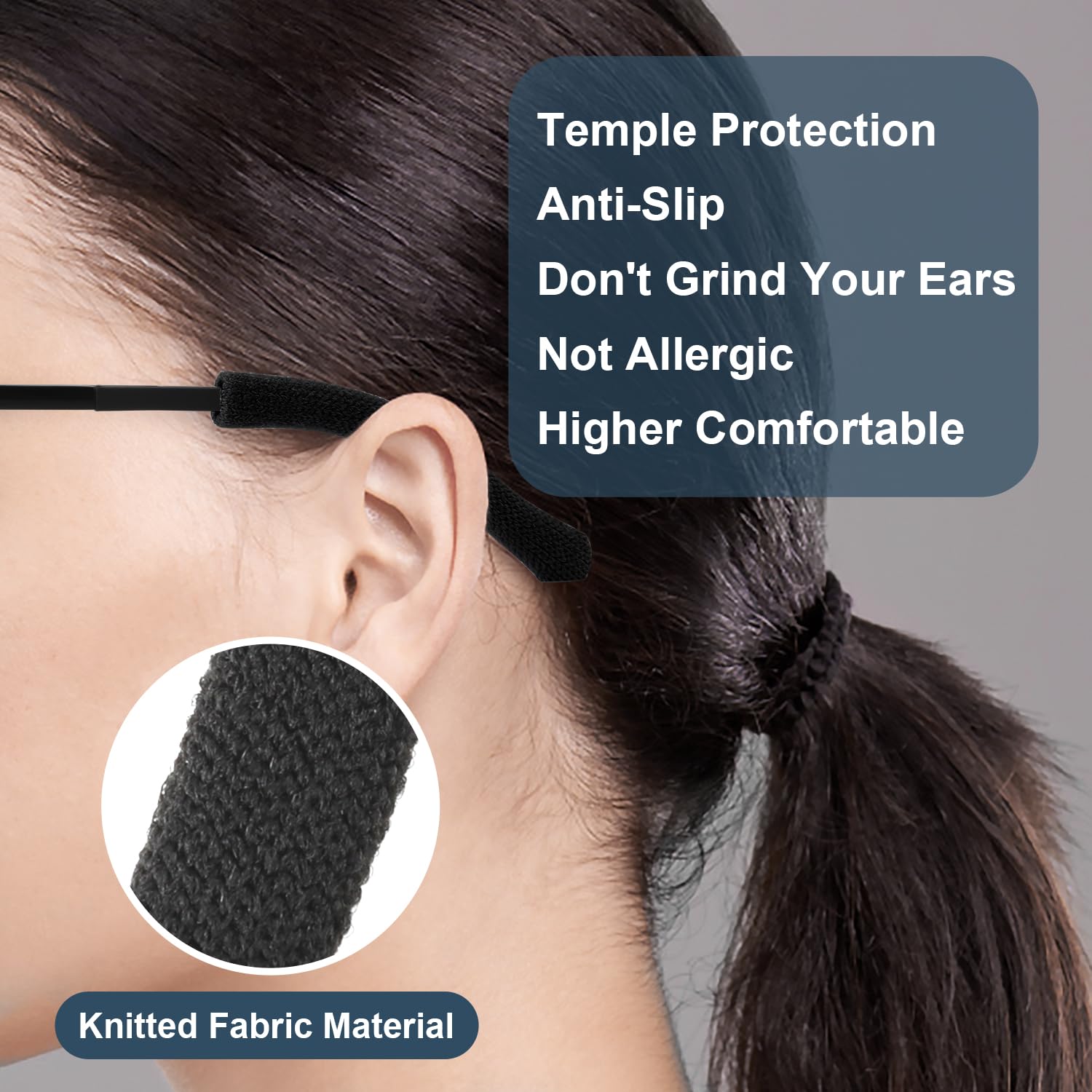 4pcs Eyeglasses Temple Tips Sleeve Retainer, Upgrade Soft Knitting Cotton Fabric Eyeglass Ear Cushion Anti-Slip Temple Pads for Sunglasses Glasses Reading Glasses (Black)