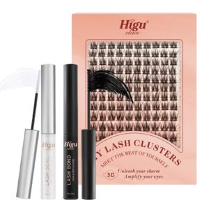 higu clace clusters lashes 140pcs, diy eyelash extensions 3d fluffy mixed 10-16mm eyelash clusters and lash bond and seal & cluster lash glue remover