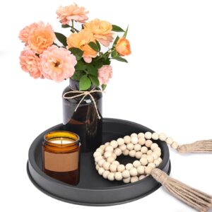 dekosilave black decorative serving tray for coffee table round decorative tray for home decor, candle tray with tassels farmhouse beads centerpieces living room home decorations
