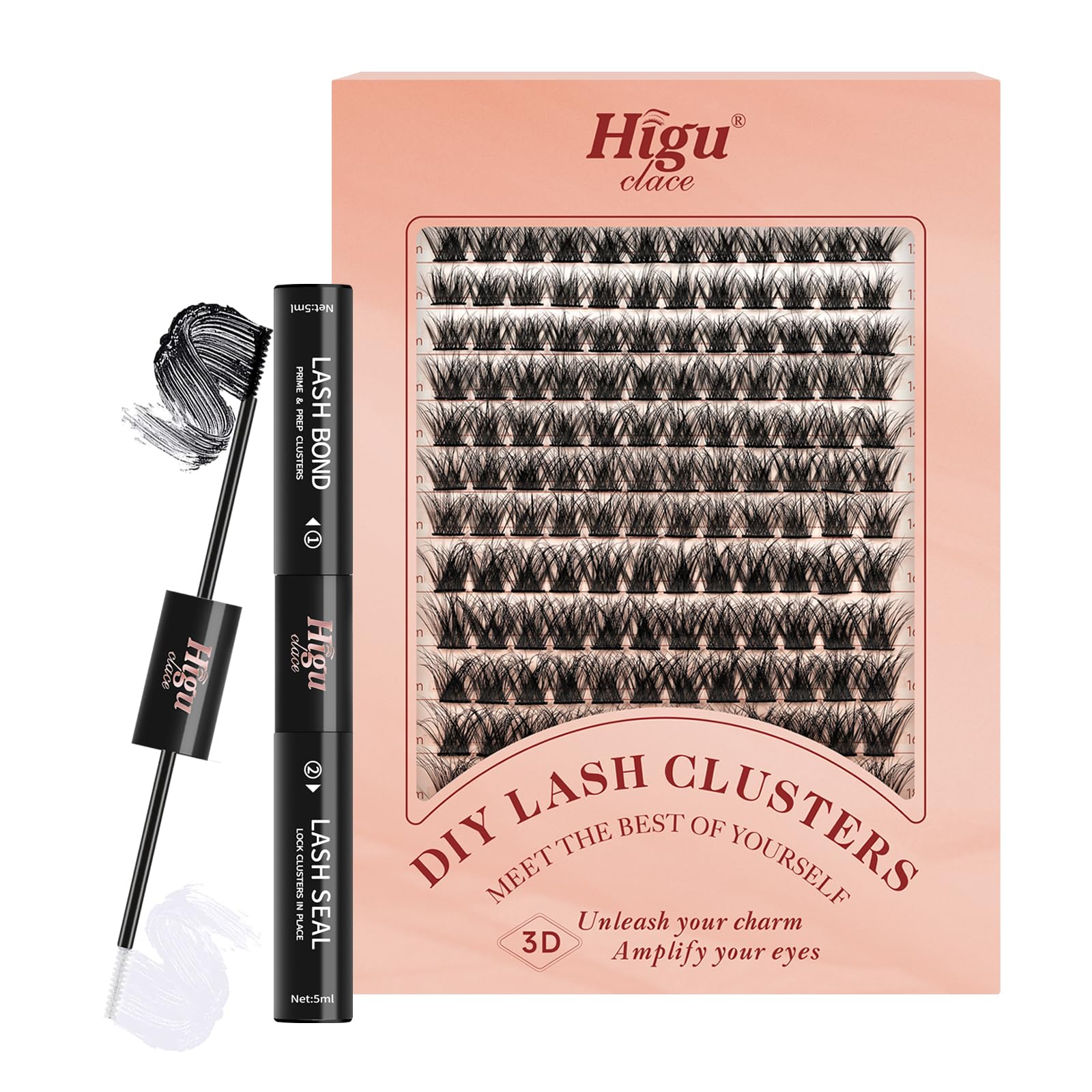 Higu clace Clusters Lashes 140PCS, DIY Eyelash Extensions 3D Fluffy Mixed 10-16mm Lash Bond and Seal, Bond and Seal Lash Glue for All Day Wear Cluster Lash Glue Eyelash Bond and Seal