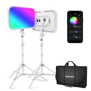 neewer 18.3" rgb led video light panel with app control stand kit 2 packs, 360° full color,60w dimmable 2500k~8500k rgb168 led panel cri97+ with 17 scene effect for game/youtube/zoom/photography,white