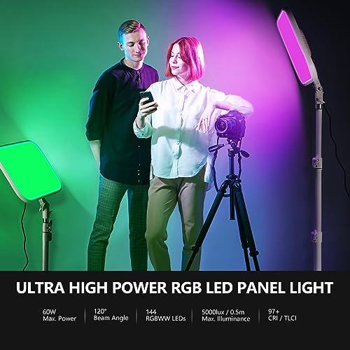 NEEWER 18.3" RGB LED Video Light Panel with App Control Stand Kit 2 Packs, 360° Full Color,60W Dimmable 2500K~8500K RGB168 LED Panel CRI97+ with 17 Scene Effect for Game/YouTube/Zoom/Photography,White