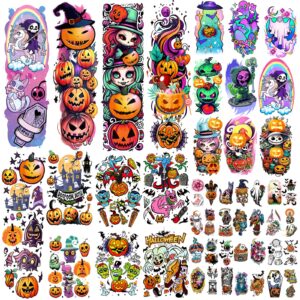 kids full arm temporary tattoo, 52 sheets halloween fake tattoos realistic for boys girls halloween party favors, pumpkin ghost reaper bat vampire coffin witch rainbow cat spaceship lasting tattoos