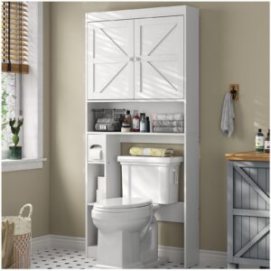 furomate over the toilet storage cabinet with shelves and doors, 32.3''w free standing toilet shelf space saver with anti-tip design and adjustable bottom bar, white