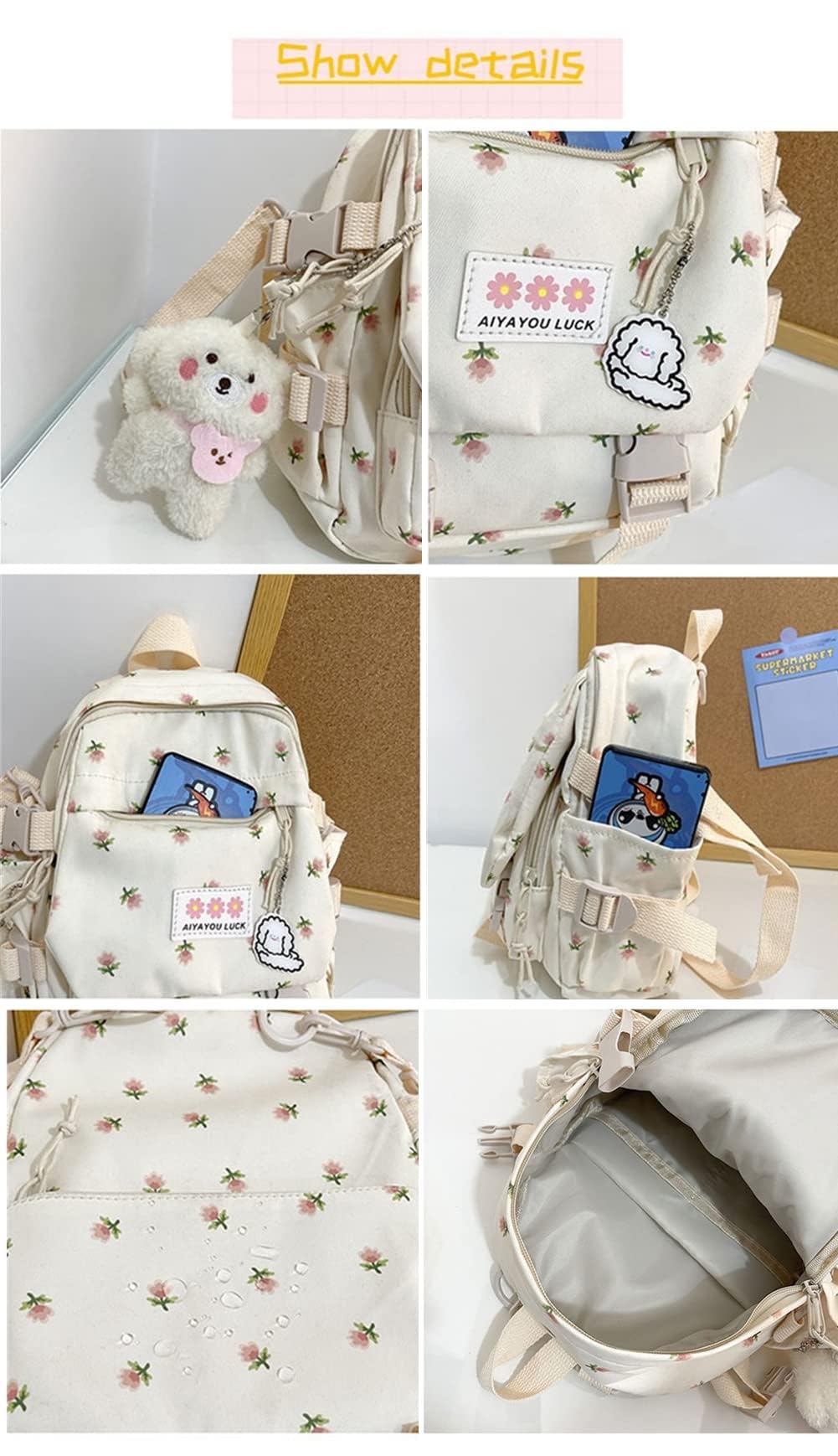 Aesthetic Kawaii Backpack with Kawaii Pendants for School Cute Mini Backpack Flowers Japanese School Bag for Teen Girls (White)