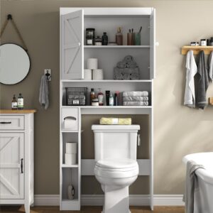 furomate Over The Toilet Storage Cabinet with Shelves and Doors, 32.3''W Free Standing Toilet Shelf Space Saver with Anti-Tip Design and Adjustable Bottom Bar, White