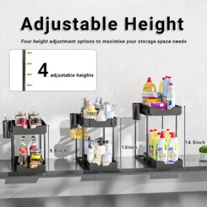 HISDEAR 2 Pack Under Sink Organizers and storage, 2 Tier Slide-out Drawers Bathroom Organizer, Adjustable Height Kitchen Organizers and Storage for Kitchen Bathroom Bedroom Office, Black