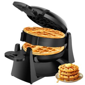 waffle maker, 1400w double belgian waffle iron 180° flip, 8 slices, rotating & nonstick plates, removable drip tray for easy cleaning, cool touch handles, space saving storage, black
