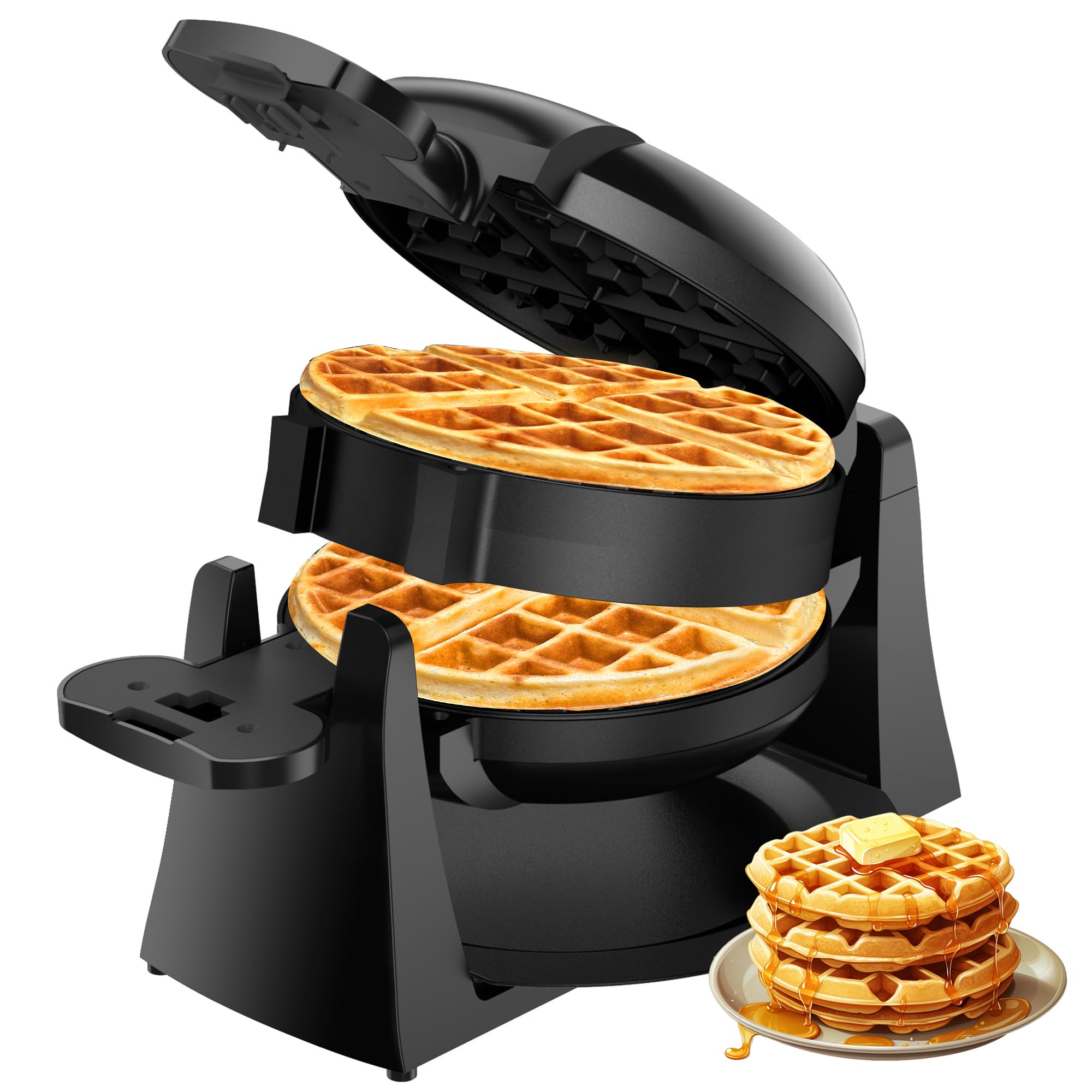 Waffle Maker, 1400W Double Belgian Waffle Iron 180° Flip, 8 Slices, Rotating & Nonstick Plates, Removable Drip Tray for Easy Cleaning, Cool Touch Handles, Space Saving Storage, Black