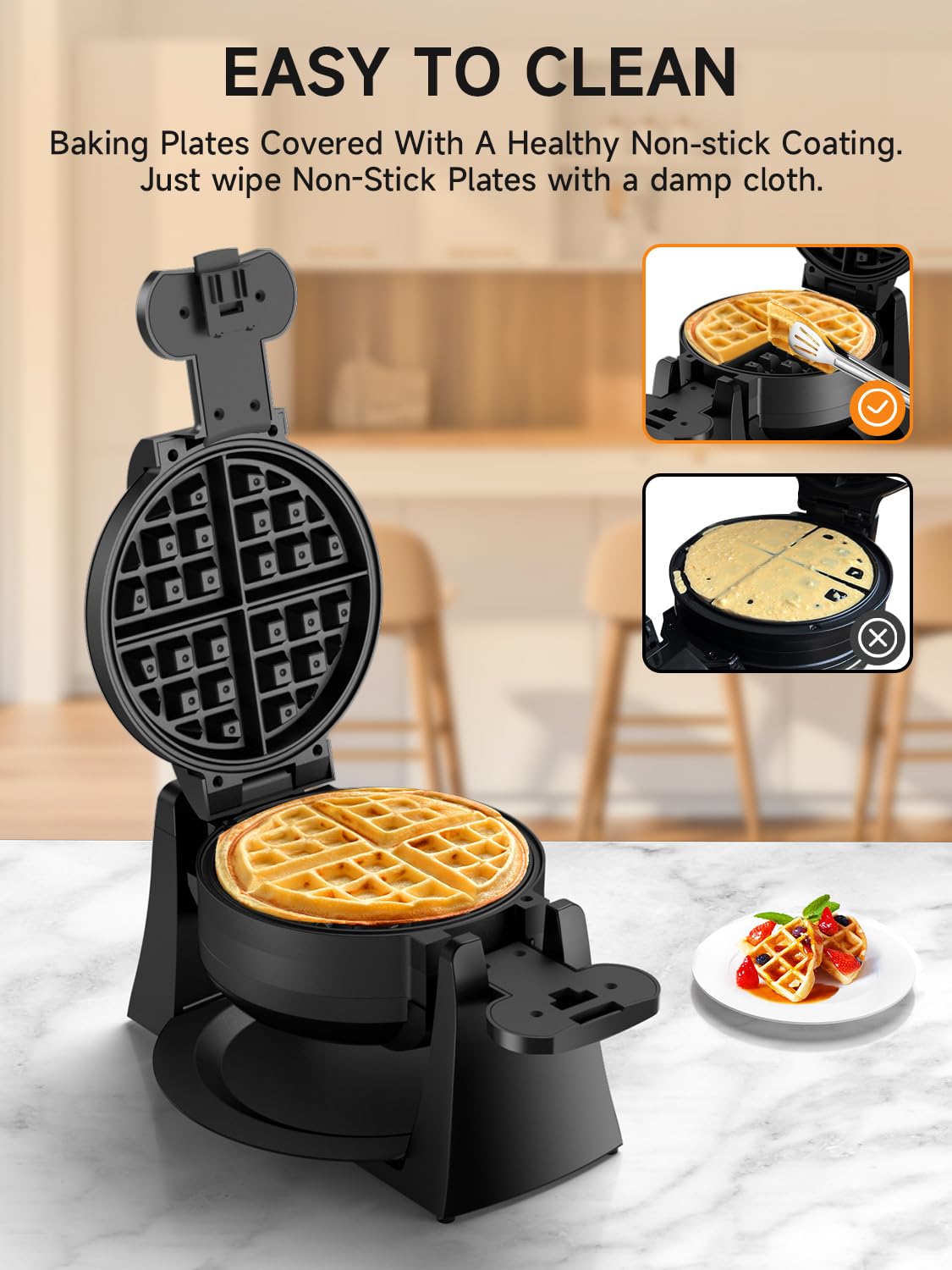 Waffle Maker, 1400W Double Belgian Waffle Iron 180° Flip, 8 Slices, Rotating & Nonstick Plates, Removable Drip Tray for Easy Cleaning, Cool Touch Handles, Space Saving Storage, Black