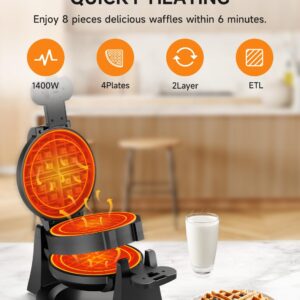 Waffle Maker, 1400W Double Belgian Waffle Iron 180° Flip, 8 Slices, Rotating & Nonstick Plates, Removable Drip Tray for Easy Cleaning, Cool Touch Handles, Space Saving Storage, Black