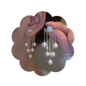 sttiafay vintage crystal pearl drop earrings long tassel pearl dangle earrings gold cz pearl chain earrings cz rhinestone bridal earrings jewelry for women and girls