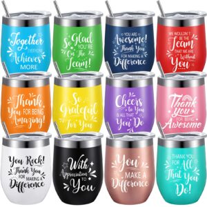 suttmin 12 pcs thank you gifts wine tumbler inspirational gift appreciation gift for women men coworkers employee 12 oz best team ever stainless steel tumbler with lid and straw for birthday (novel)