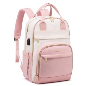 lovevook laptop backpack women, fits 15.6 inch laptop bag, fashion travel work anti-theft bag with lock, business computer waterproof backpack purse, beige-pink-pink
