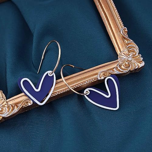 Sttiafay Vintage Blue Heart Earrings Enamel Heart Drop Earrings Acrylic Love Heart Earrings C Shape Hoop Earrings Gold Open Circle Earrings Jewelry for Women and Girls