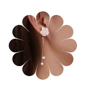 sttiafay vintage flower pearl drop earrings long tassel pearl earrings white camellia stud earring gold pearl chain dangle earrings jewelry for women and girls