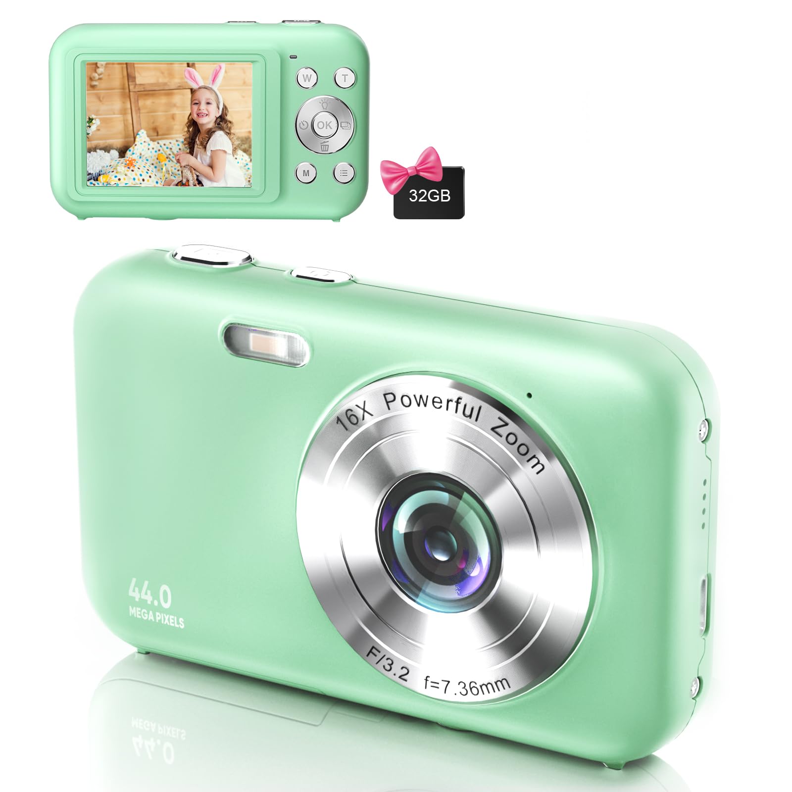 Digital Camera, FHD 1080P Kids Camera with 32GB SD Card 44MP Point and Shoot Camera with 16X Digital Zoom, Compact Portable Small Digital Camera for Teens Students Kids Girls Boys Beginner-Green