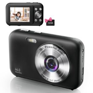 digital camera, fhd 1080p kids camera with 32gb sd card 44mp point and shoot camera with 16x digital zoom, compact portable small digital camera for teens students kids girls boys beginner-black