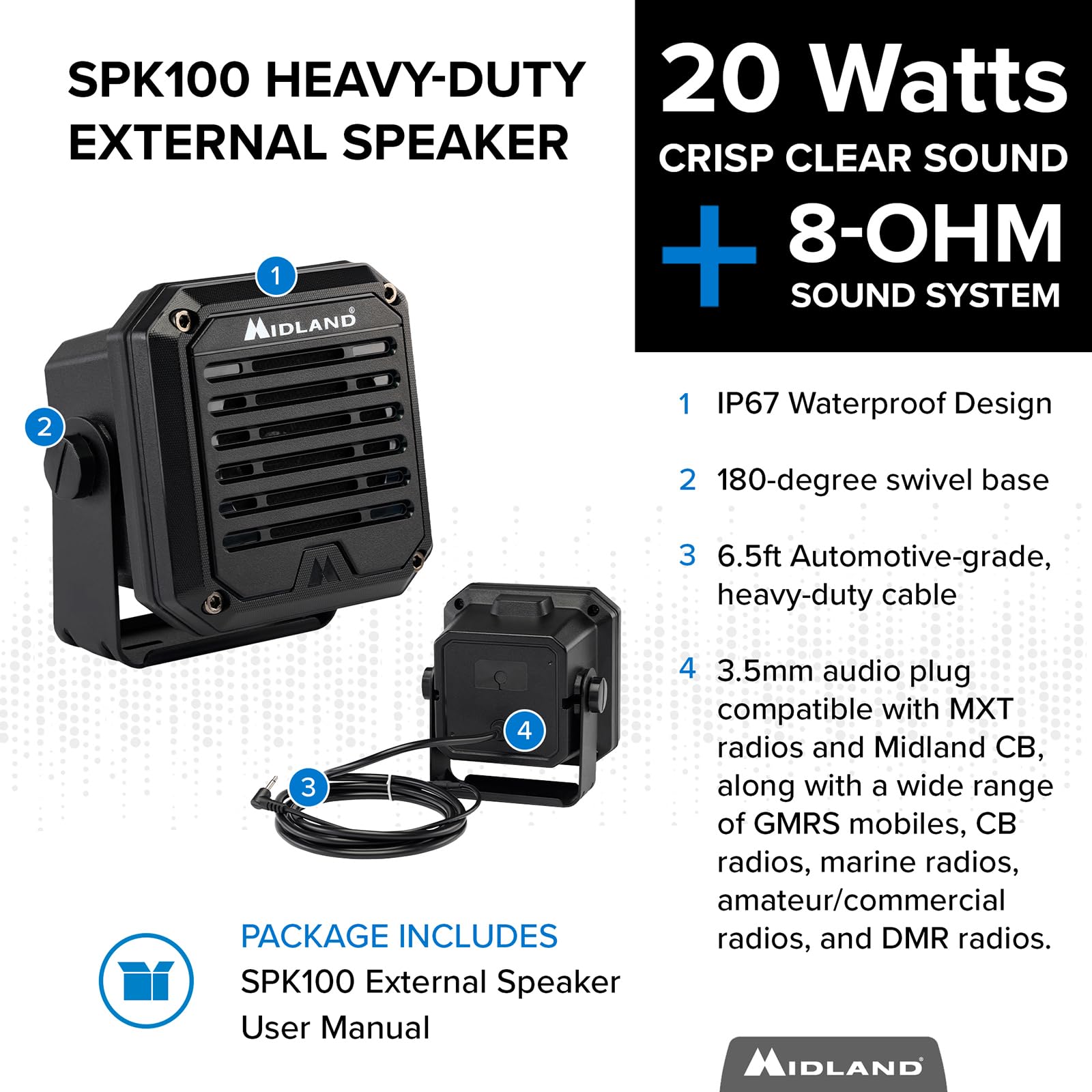 Midland- SPK100 Heavy-Duty 20W External Speaker - 180 Degrees Swivel Base Bracket Works with All CB and MXT Radios 8-OHM Sound System 3.5mm Audio Plug - Easy Installation Waterproof Design