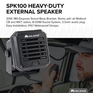 Midland- SPK100 Heavy-Duty 20W External Speaker - 180 Degrees Swivel Base Bracket Works with All CB and MXT Radios 8-OHM Sound System 3.5mm Audio Plug - Easy Installation Waterproof Design