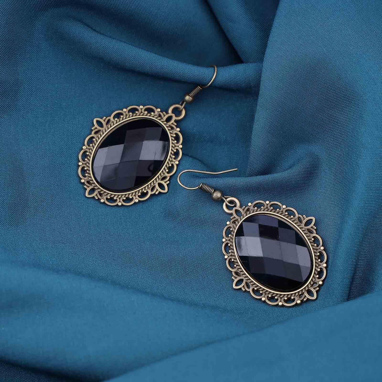 Sttiafay Vintage Black Crystal Drop Earrings Oval Onyx Dangle Earrings Large Onyx Stud Earrings Black Gem Hook Earrings Jewelry for Women and Girls