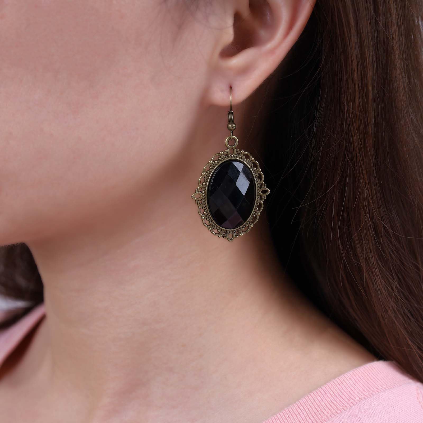 Sttiafay Vintage Black Crystal Drop Earrings Oval Onyx Dangle Earrings Large Onyx Stud Earrings Black Gem Hook Earrings Jewelry for Women and Girls