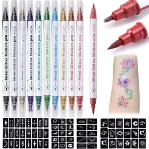 erinde temporary tattoo markers for skin, 10 colors body marker pen + 67 large tattoo stencils for kids and adults, skin-safe dual-end tattoo pens make bold and fine lines for body & face paint