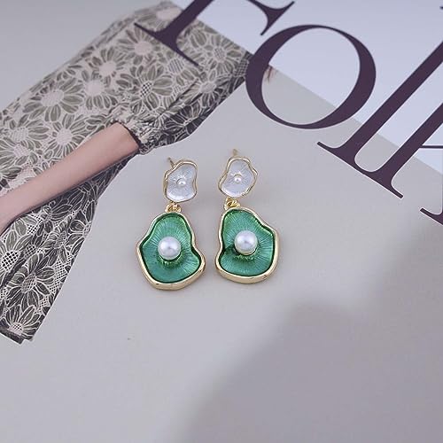 Sttiafay Vintage Lotus leaf Pearl Drop Earrings Green Lotus Leaf Earrings Green Enamel Flower Earrings Gold Irregular Pearl Earrings Jewelry for Women and Girls