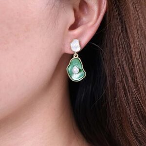 Sttiafay Vintage Lotus leaf Pearl Drop Earrings Green Lotus Leaf Earrings Green Enamel Flower Earrings Gold Irregular Pearl Earrings Jewelry for Women and Girls