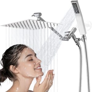 cuzobro all metal dual square shower head with handheld spray, 8'' shower head combo set with 3-way diverter, high pressure rainfall shower head with extension arm, 71’’ extra long hose(chrome)