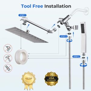 Cuzobro All Metal Dual Square Shower Head With Handheld Spray, 8'' Shower Head Combo Set With 3-Way Diverter, High Pressure Rainfall Shower Head With Extension Arm, 71’’ Extra Long Hose(Chrome)