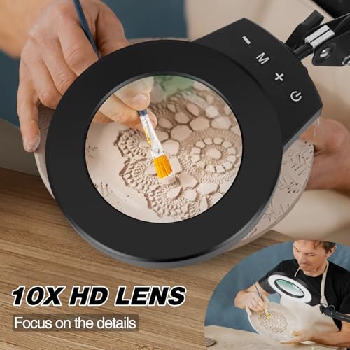 10X Magnifying Glass Light Stand Desktop Lamp Desk Table Close Work Up for Crafting, Model Assembly, Reading, Sewing, Jewelry Making ,Easy Adjustable Head Controller, Wide Compatibility Clamp