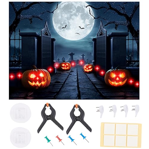 Light Up Halloween Backdrop 7x5 FT,Halloween Back Drop for Iron Gate,Pumpkin Head, Ideal for Halloween Photo Backdrop, Halloween Party Decorations,Halloween Backdrops for Photography