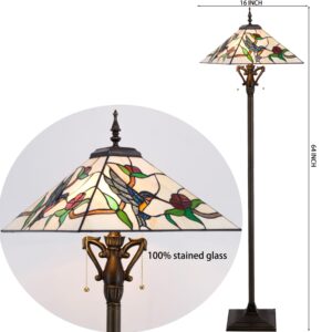 AVIVADIRECT Tiffany Floor Lamp Mission Style Stained Glass Standing Reading Light 16X16X64 Inch Amber Hummingbird