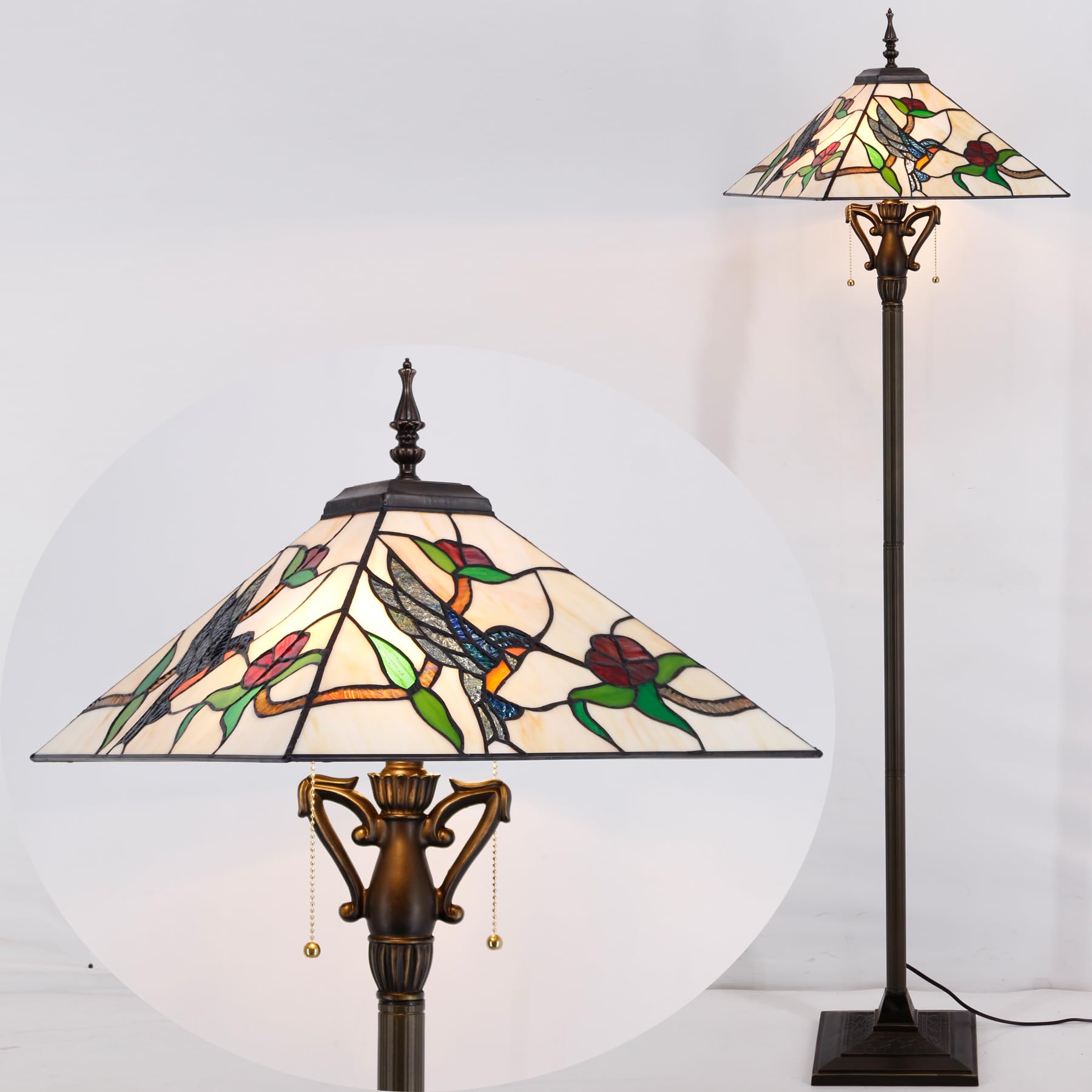 AVIVADIRECT Tiffany Floor Lamp Mission Style Stained Glass Standing Reading Light 16X16X64 Inch Amber Hummingbird