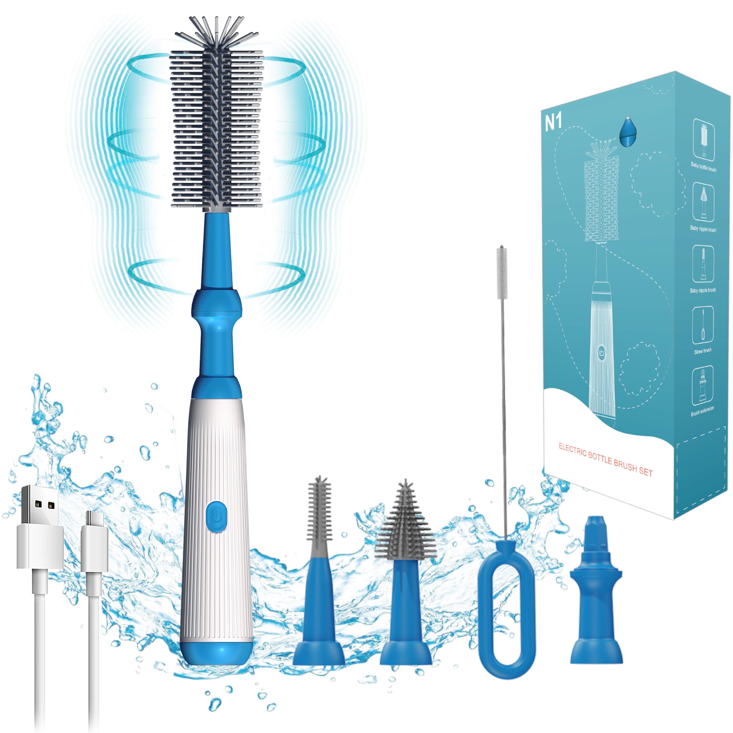 Camelcell Electric Bottle Brush,Long Handle Electric Water Bottle/Baby Bottle Brush Cleaner, Extra Long Bottle Cleaning Brush Set,1500 mAh,Waterproof IP65