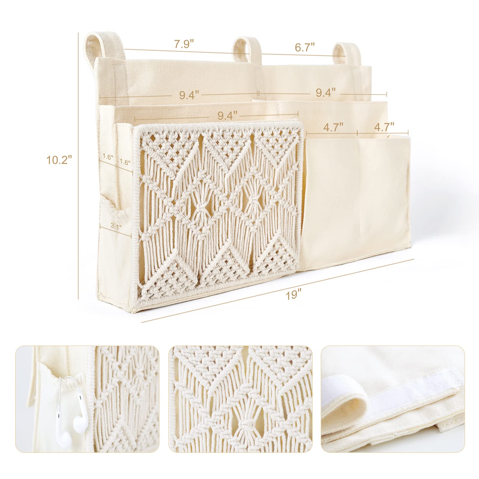 Mkono Macrame Bedside Caddy Storage and Macrame Storage Baskets Boho Decor for Bedroom Livingroom Home Dorm, Ivory, Set of 3