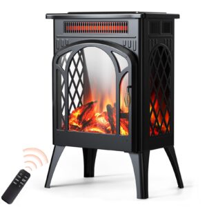rintuf small electric fireplace heater, 1500w infrared fireplace stove with 3d flame effect, adjustable thermostat, 8h timer, remote control, freestanding space heaters for indoor use large room safe