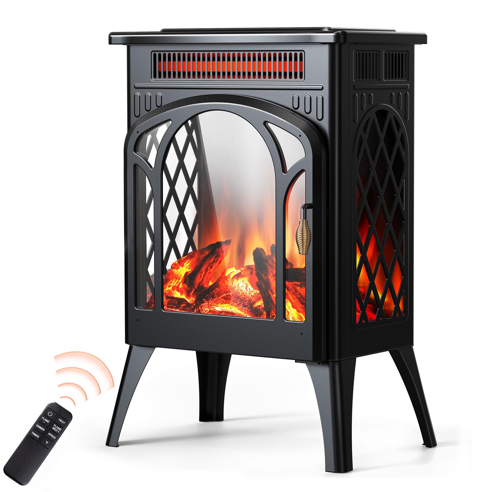 Rintuf Small Electric Fireplace Heater, 1500W Infrared Fireplace Stove with 3D Flame Effect, Adjustable Thermostat, 8H Timer, Remote Control, Freestanding Space Heaters for Indoor Use Large Room Safe