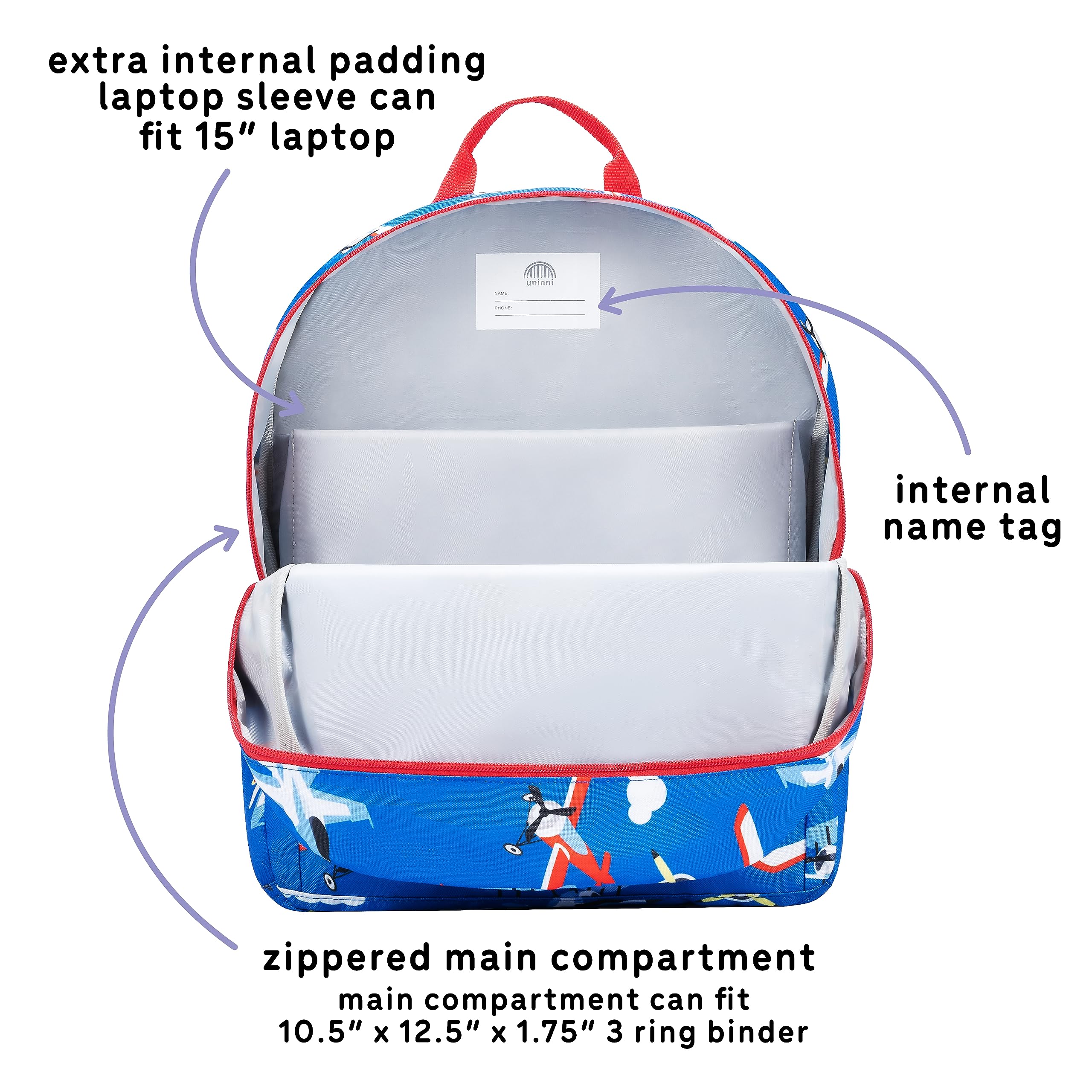 uninni 14" Kids Backpack for Girls and Boys Age 5-8 Years Old with Padded, and Adjustable Shoulder Straps - Aircraft (Blue)