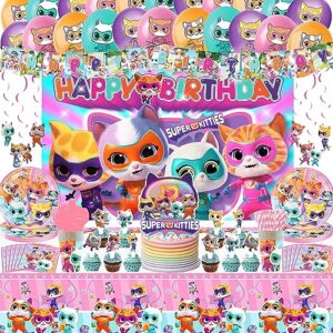 153 pcs super cat birthday party supplies, cute kitten party decorations include banner, balloons, tableware, cupcake toppers, tablecloth, backdrop, pink kitten themed party decorations for girls