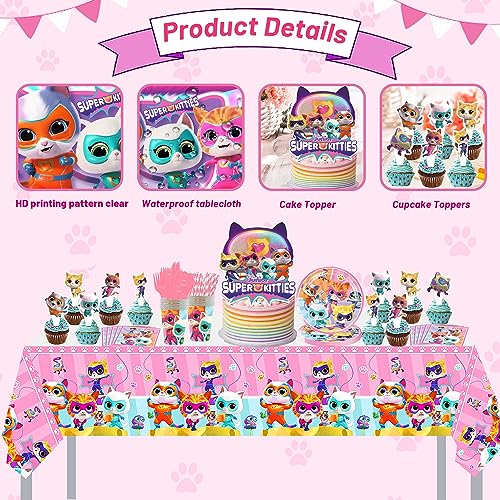 153 Pcs Super cat Birthday Party Supplies, Cute Kitten Party Decorations Include Banner, Balloons, Tableware, Cupcake Toppers, Tablecloth, Backdrop, Pink Kitten Themed Party Decorations for Girls